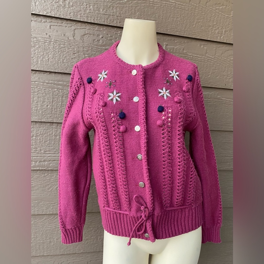 Modell Exclusiv Wool blend Women Button Chunky Sweater Cardigan Knit Floral Boho